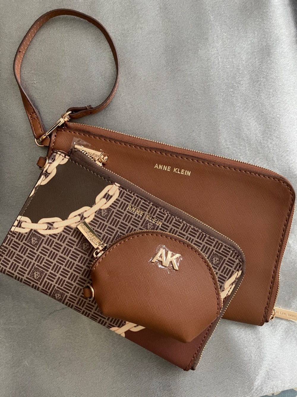 Anne Klein Brown & Tan Wristlet Set with AK Logo